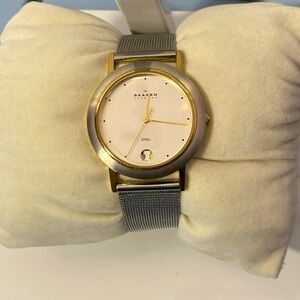 Skagen Denmark 816LGS Women’s Gold Tone Watch White Dial Date Mesh Band Quartz